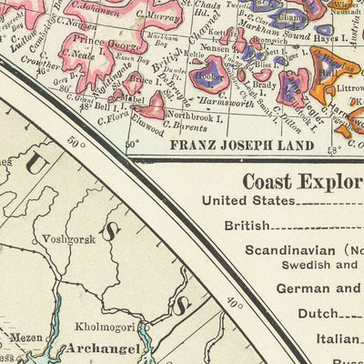 Mapa antiguo de la exploración del Polo Norte, 1910: Ruta de Peary, viajes al Ártico, Groenlandia, Spitzbergen, Siberia