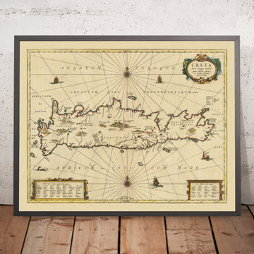 Mappa antica di Creta di Jansson, 1650: Cydonia, Knossos, Mostro Marino, Vascelli Marittimi, 