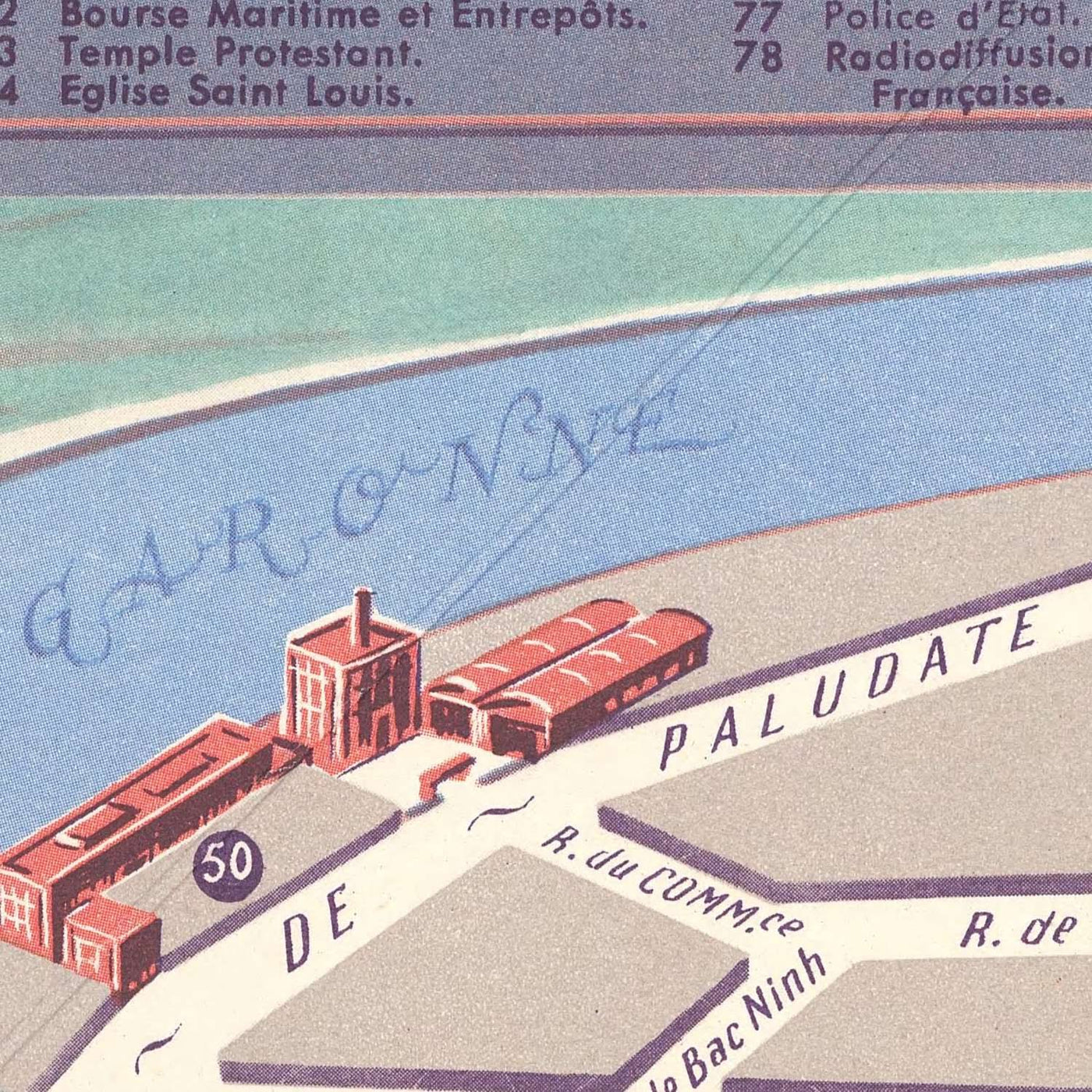 Antiguo mapa pictórico de Burdeos, 1950: Place de la Comédie, Quinconces, Grand Théâtre, Pont de Pierre, Parc Bordelais.