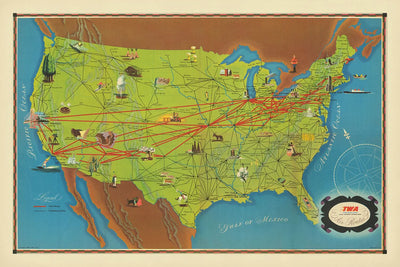 Mapa ilustrado antiguo de Estados Unidos, 1948: Nueva York, Los Ángeles, Chicago, rutas de la TWA, lugares de interés