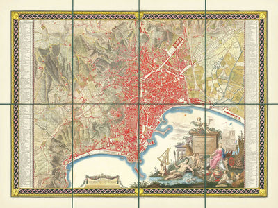 Ancienne carte de Naples par Rizzi-Zannoni, 1794 : Borgo Santa Lucia, Chiaia, Tolède, Porta Capuana, San Carlo