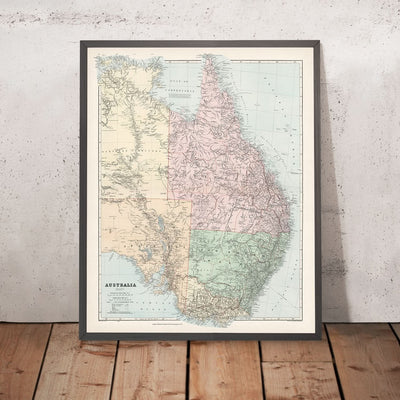 Alte Karte von Ostaustralien von Stanford, 1887: Sydney, Melbourne, Brisbane, Great Dividing Range, Eisenbahnen