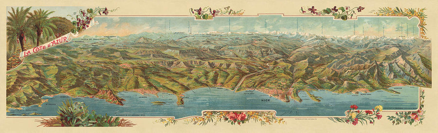Vecchia mappa Birdseye della Costa Azzurra di Legresle, 1925: Nizza, Cannes, Monaco, Antibes, Tolone 