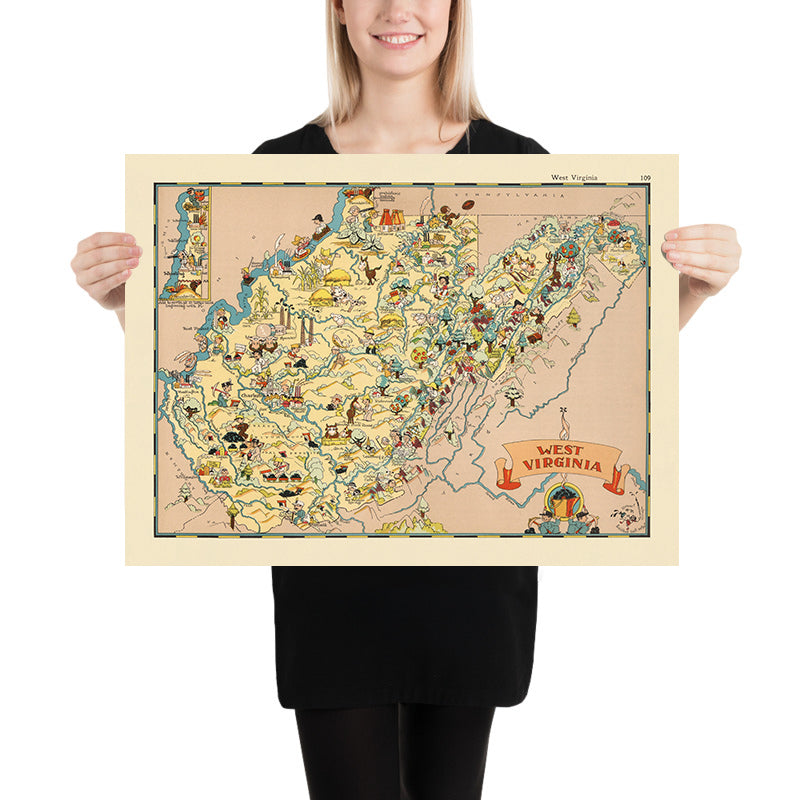 Mappa Pittorica della Virginia Occidentale di Ruth Taylor White, 1935: Charleston, Huntington, Miniere di carbone, Contee, Appalachi 