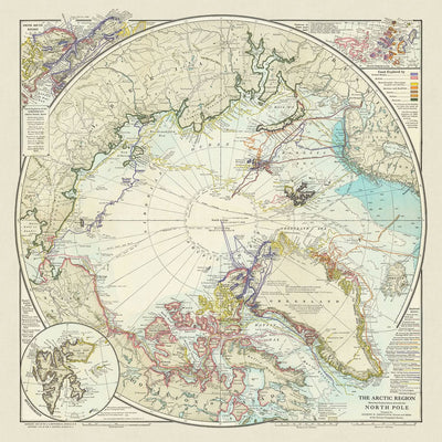 Mapa antiguo de la exploración del Polo Norte, 1910: Ruta de Peary, viajes al Ártico, Groenlandia, Spitzbergen, Siberia