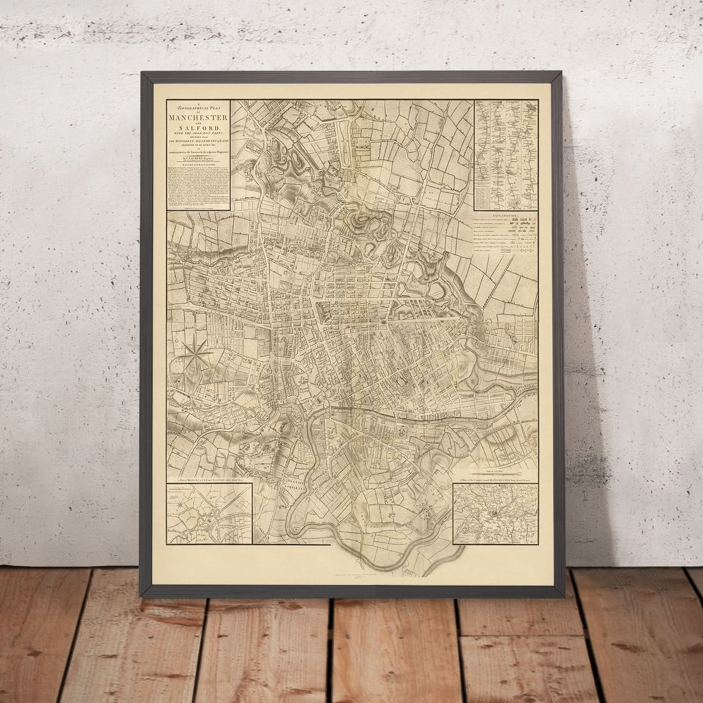 Mapa antiguo de Manchester de Laurent, 1793: Salford, Ancoats, Ardwick, río Irwell, río Medlock