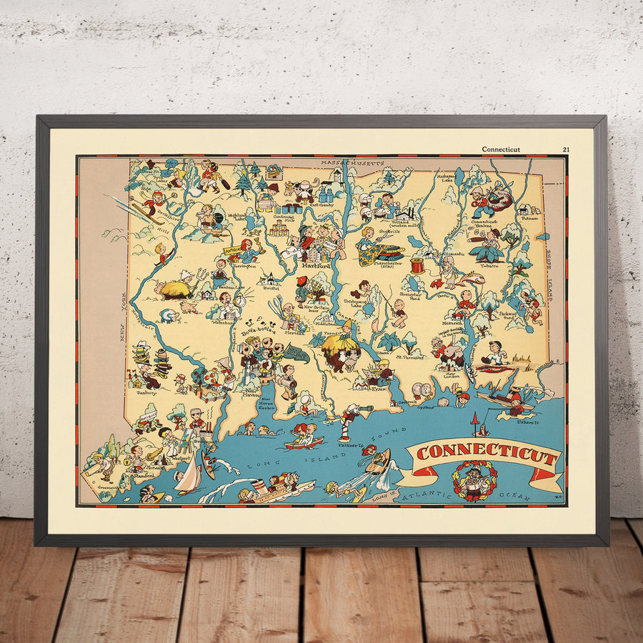 Mappa Pittorica del Connecticut di Ruth Taylor White, 1935: Bridgeport, New Haven, Yale, Long Island Sound, Fiume Connecticut 
