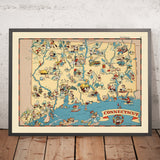 Mapa pictórico de Connecticut por Ruth Taylor White, 1935: Bridgeport, New Haven, Yale, Long Island Sound, río Connecticut 