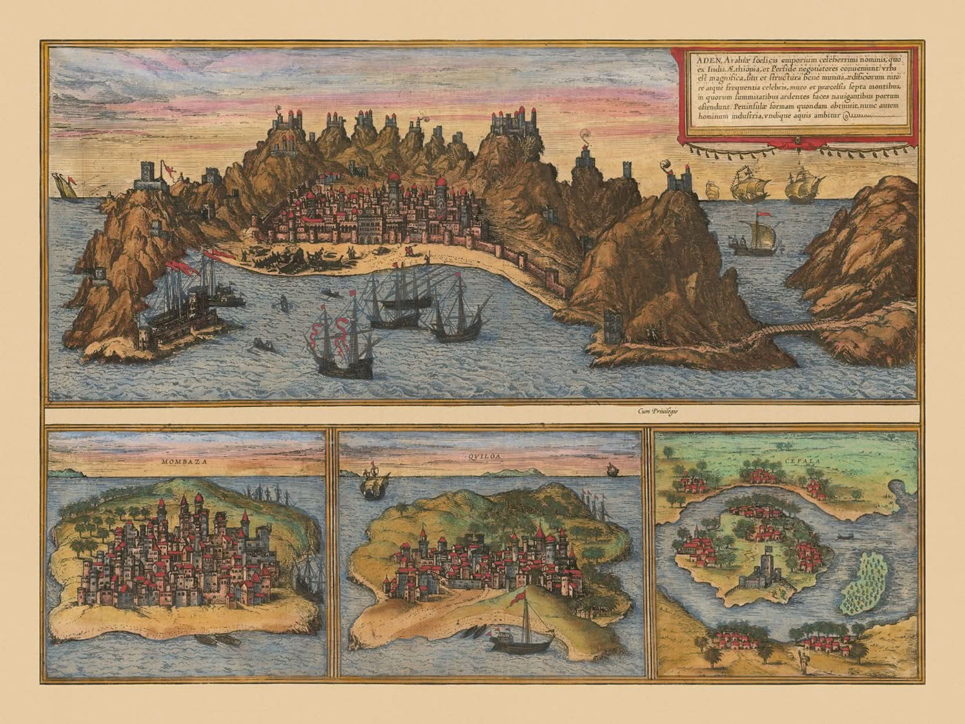 Old Pictorial Map of Aden by Braun & Hogenberg, 1572: Mombasa, Kilwa, Sofala, Fortifications, Harbors, Ships