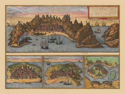 Old Pictorial Map of Aden by Braun & Hogenberg, 1572: Mombasa, Kilwa, Sofala, Fortifications, Harbors, Ships