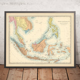 Ancienne carte de l'Asie du Sud-Est par SDUK, 1872 : Époque coloniale, routes maritimes asiatiques 