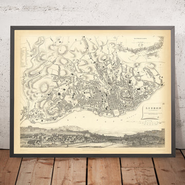 Ancienne carte de Lisbonne, 1833 : São Jorge, Praça do Comércio, Bairro Alto, Alfama, fleuve Tage 