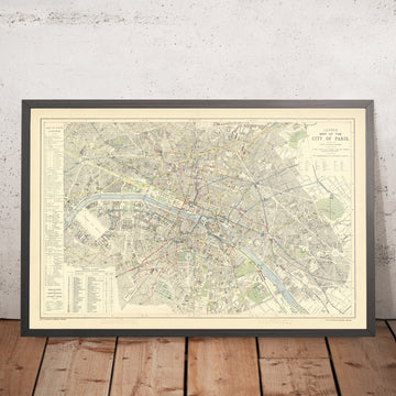 Alte Omnibuskarte von Paris von Letts, 1892: Seine, Louvre & Tuileries, Notre Dame, Opéra, Invalides 
