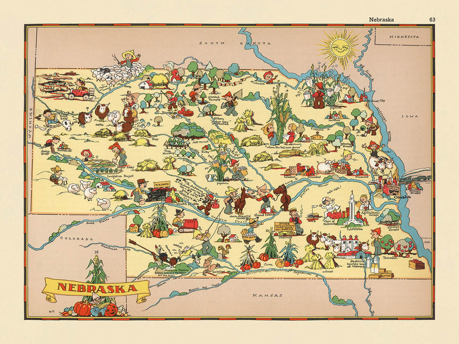 Mappa Pittorica del Nebraska di Ruth Taylor White, 1935: Omaha, Lincoln, Fiume Platte, Sandhills, Ferrovie 