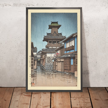 A framed image of Bell Tower at Okayama by Hasui Kawase 1935