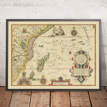 Mapa antiguo de África Oriental y el Océano Índico de Linschoten, 1596: Mozambique, Zanzíbar, Madagascar, Mogadiscio, Preste Juan 