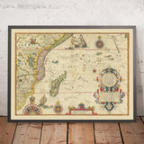 Old Map of East Africa & Indian Ocean by Linschoten, 1596: Mozambique, Zanzibar, Madagascar, Mogadishu, Prester John
