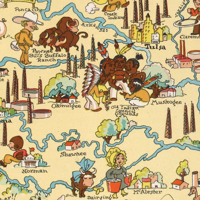 Pictorial Map of Oklahoma by Ruth Taylor White, 1935: Oklahoma City, Tulsa, Oil Fields, Native American Motifs, Dust Bowl Era