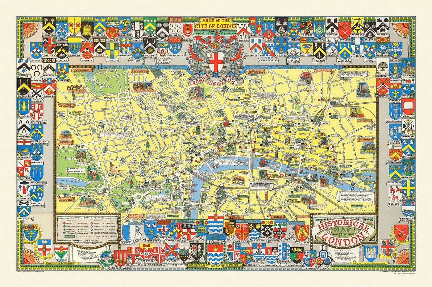 Old Pictorial Map of London by Bullock, 1965: Coats of Arms, Landmarks, Westminster, City