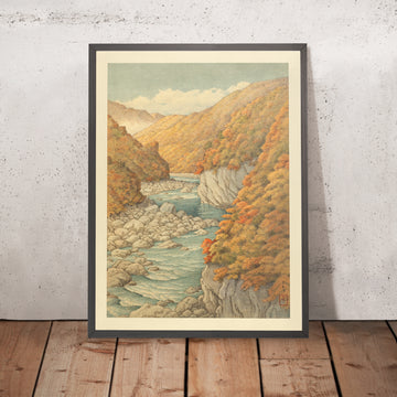 Una imagen enmarcada de Árboles de otoño y río rocoso, de Hasui Kawase, 1935
