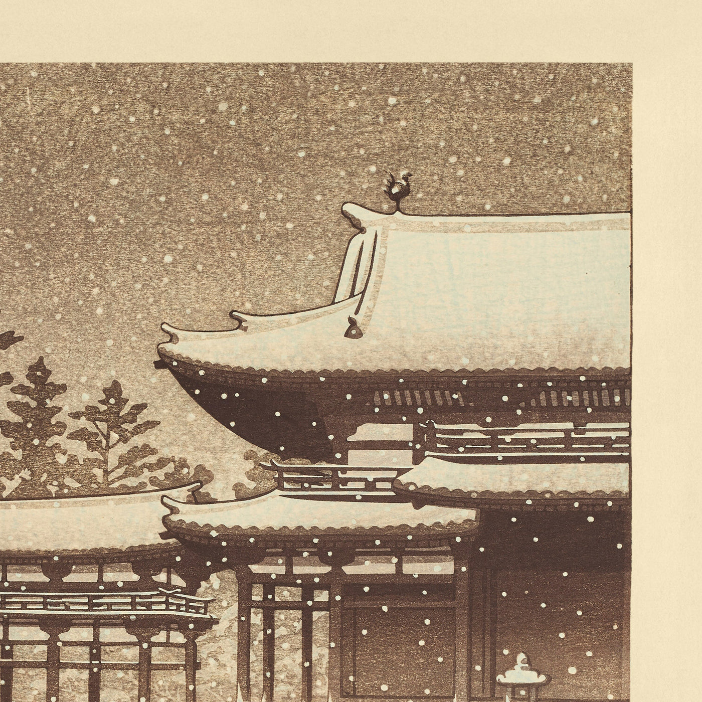 Abendlicher Schnee am Byodoin-Tempel (Phoenix-Halle) von Hasui Kawase, 1935 