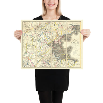 First Large Old Map of Greater Boston by Hales, 1819: Cambridge, Salem, Harvard, Boston Sound