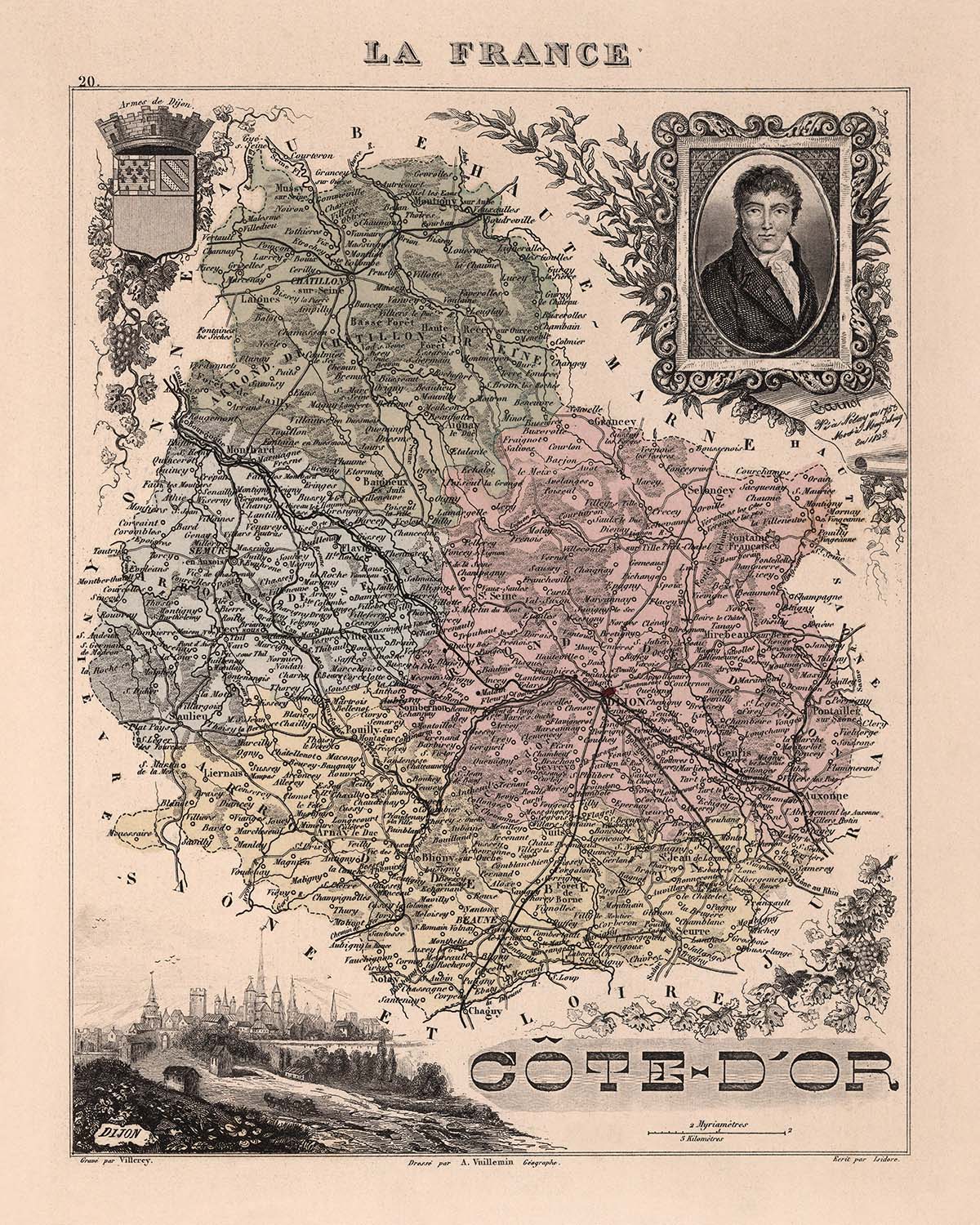 Old Map of Côte-d'Or by Vuillemin, 1869: Dijon, Beaune, Vineyards, Rivers, Coats-of-Arms