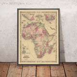Alte Karte von Afrika von Johnson, 1864: Koloniale Grenzen, Entdecker-Routen, Kapstadt & Liberia-Inset 