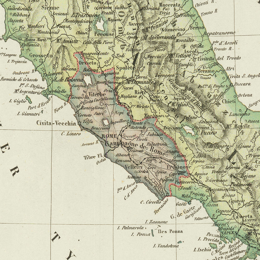 Old Map of Italy by Garnier, 1861: Unification, Rome, Milan, Venice, Alps, Po River