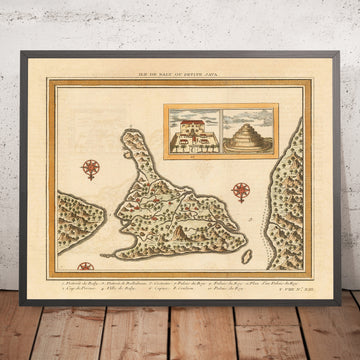 Antica mappa di Bali di Schley, 1770: Ville di Baly, Palazzi, Rose dei venti, Montagne, Fiumi 