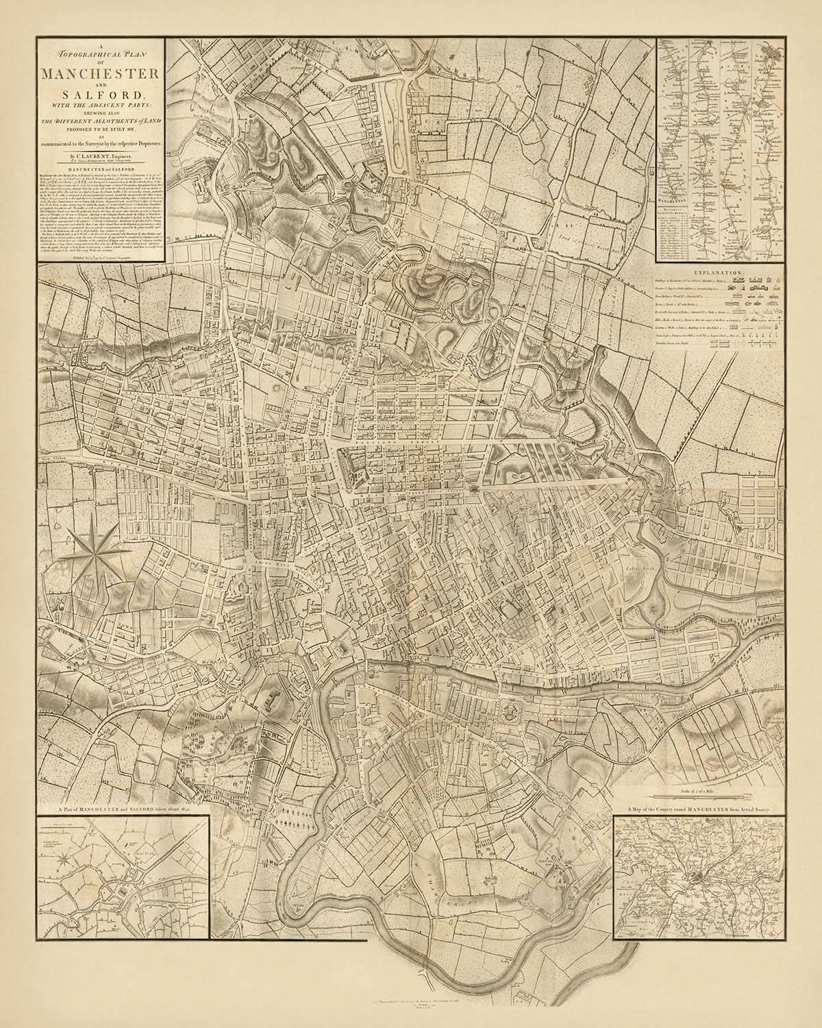 Mapa antiguo de Manchester de Laurent, 1793: Salford, Ancoats, Ardwick, río Irwell, río Medlock