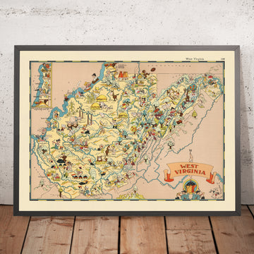 Mappa Pittorica della Virginia Occidentale di Ruth Taylor White, 1935: Charleston, Huntington, Miniere di carbone, Contee, Appalachi 