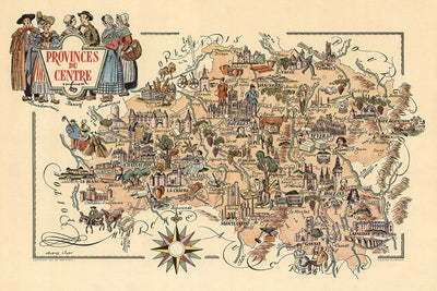 Carte ancienne de la province du Centre par Liozu, 1951 : Orléans, Bourges, vignobles, châteaux, costumes