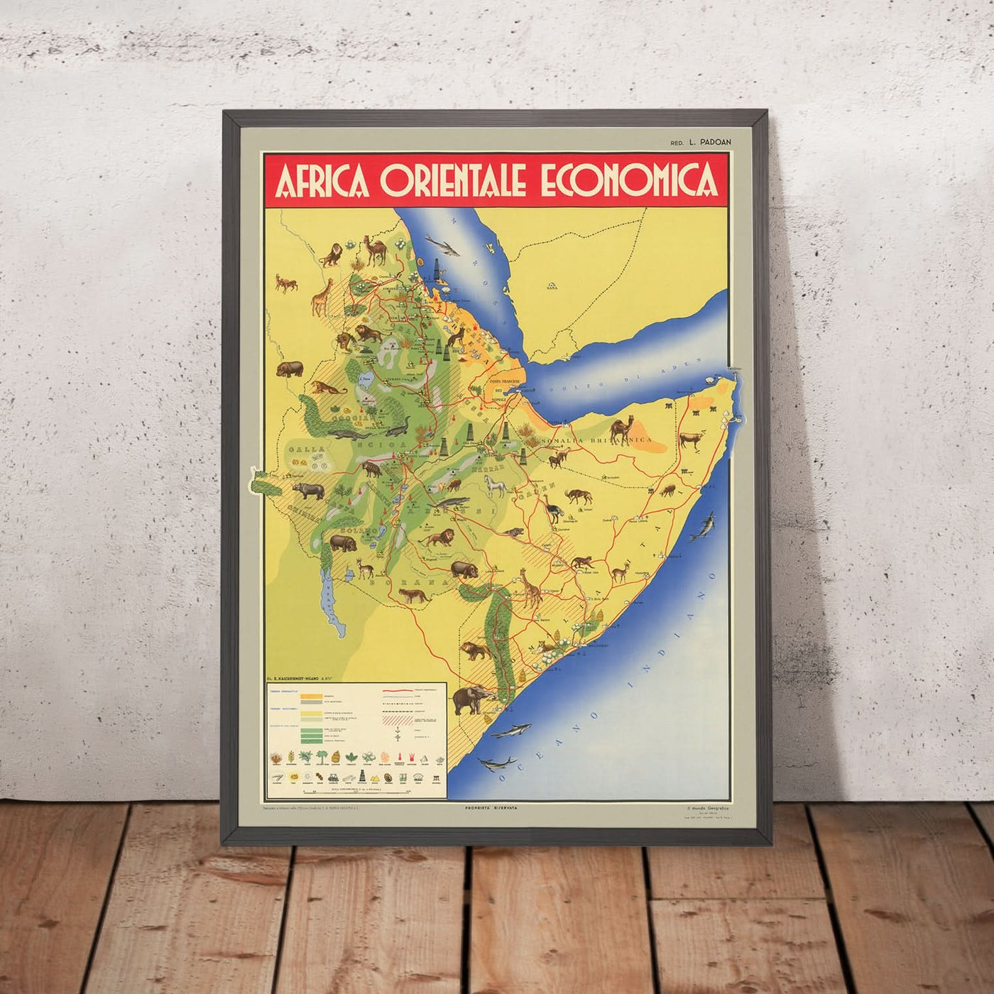 Antiguo mapa ilustrado de Etiopía y Somalia de Kalchschmidt, 1936: Adís Abeba, Mogadiscio, Golfo de Adén, Océano Índico, ilustraciones de vida silvestre.