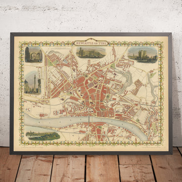 Alte Karte von Newcastle von Tallis, 1851: Eisenbahnbrücke, Zentralstation, Schloss, Tyne-Fluss 