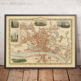 Alte Karte von Newcastle von Tallis, 1851: Eisenbahnbrücke, Zentralstation, Schloss, Tyne-Fluss 