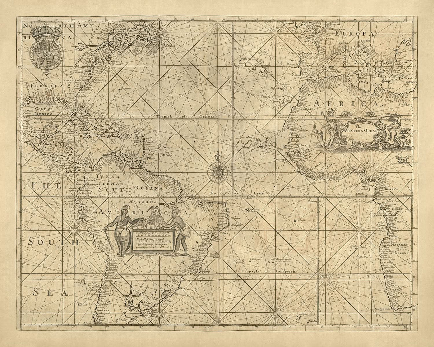 Alte Atlantische Ozean Seekarte von Mount, 1766: Küsten, Loxodrome, Kompassrose