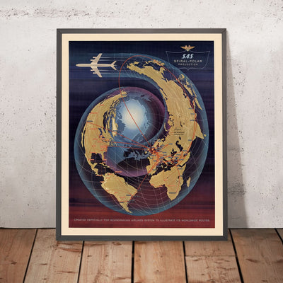 Carte du monde ancien, projection polaire des compagnies aériennes par SAS, 1960 : conception en spirale, itinéraires mondiaux, ère de l'aviation.