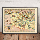 Mappa Pittorica dell'Oklahoma di Ruth Taylor White, 1935: Oklahoma City, Tulsa, Campi Petroliferi, Motivi dei Nativi Americani, Era della Polvere 