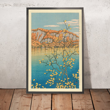 Ein gerahmtes Bild der Senjo-Klippe am Towada-See von Hasui Kawase, 1935