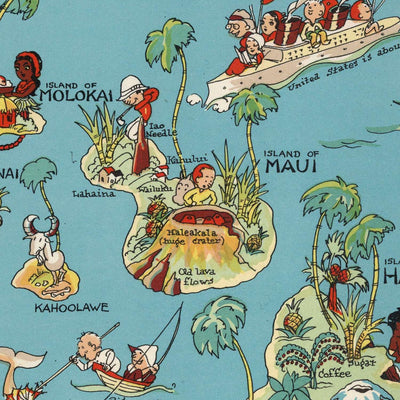 Pictorial Map of Hawaii by Ruth Taylor White, 1935: Honolulu, Hilo, Volcanoes, Plantations, Surfing