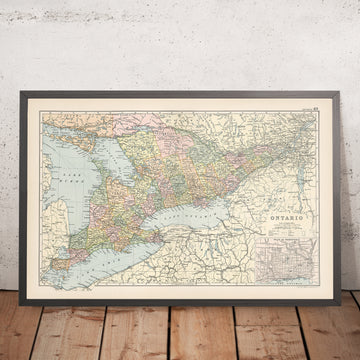Old Railway Map of Ontario, Canada, 1892: Toronto, Ottawa, Hamilton, Lake Ontario, Lake Huron
