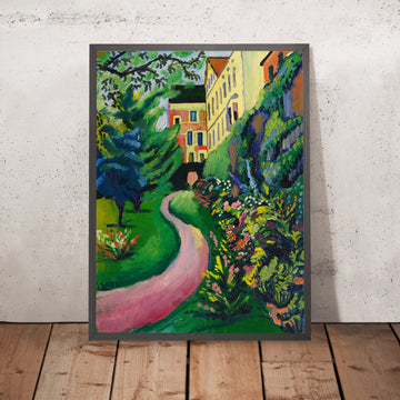 A framed image of Our Garden with Blooming Flower Beds by August Macke, 1912