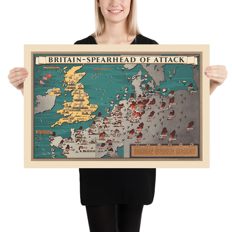 Old Pictorial Military Map of Britain in World War II by Blake, 1944: English Channel, Allied Offensives