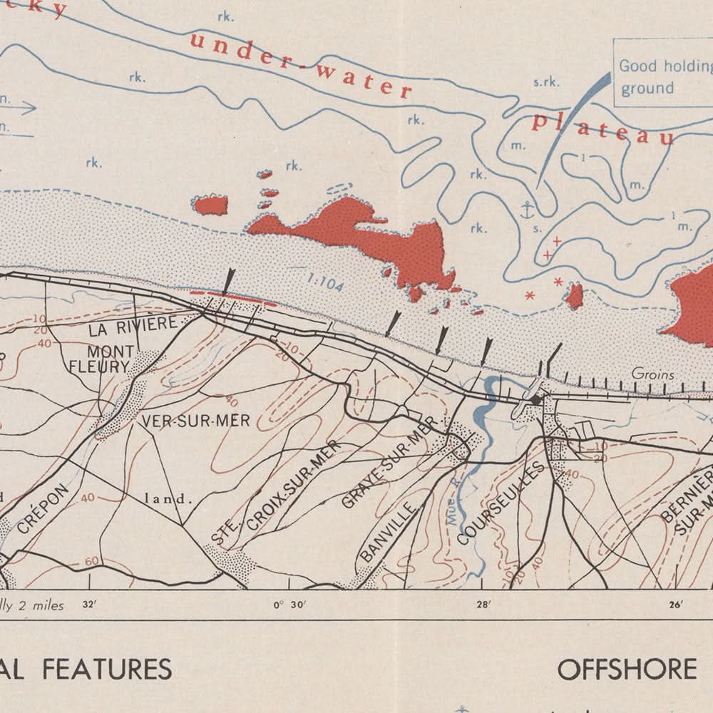 Mapa militar antiguo de Normandía realizado por la OSS en 1943: Vierville, Arromanches, Ouistreham, planificación del Día D