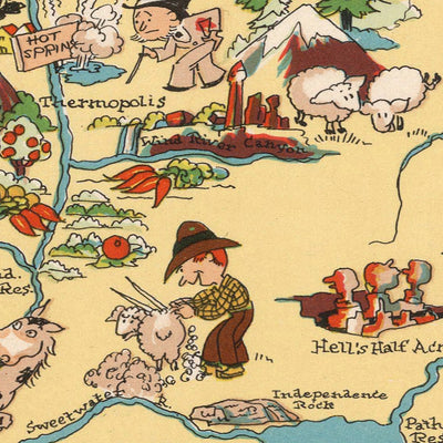 Pictorial Map of Wyoming by Ruth Taylor White, 1935: Yellowstone, Grand Teton, Continental Divide, Wind River Range, Bighorn Mountains