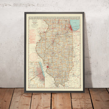 Antiguo mapa aéreo de Illinois, 1930: Chicago, Springfield, rutas aéreas, balizas, ferrocarriles 
