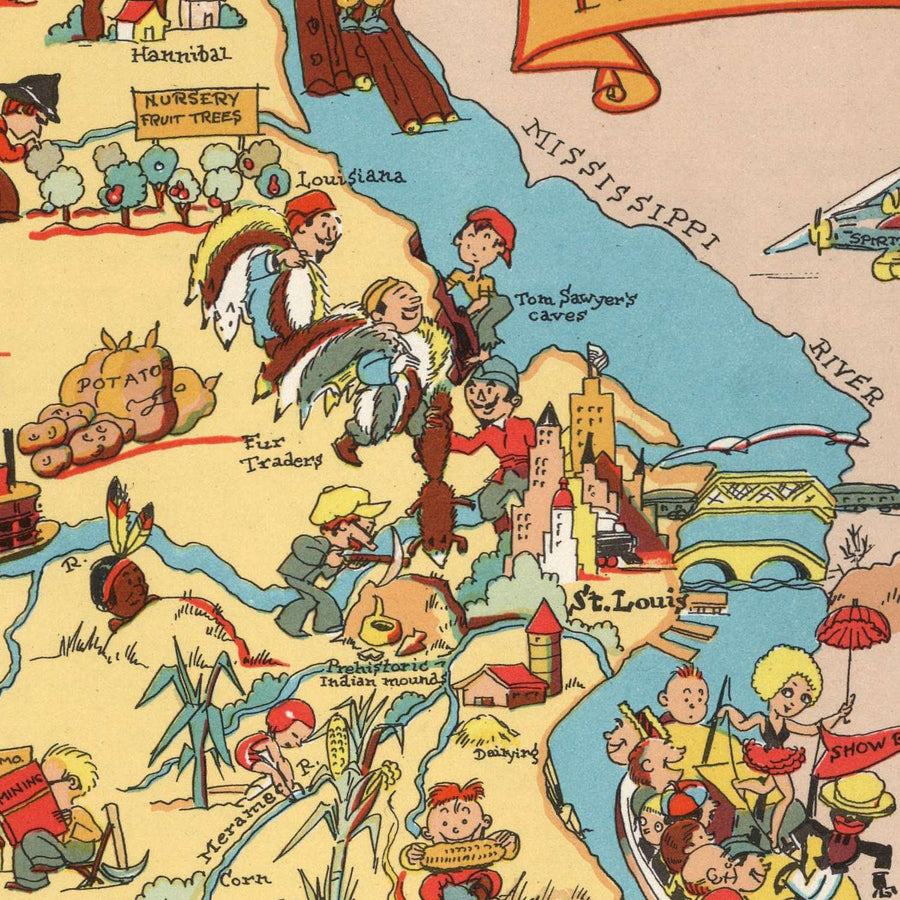Mappa Pittorica del Missouri di Ruth Taylor White, 1935: St. Louis, Kansas City, Ozarks, fiumi Mississippi e Missouri, Jefferson City 