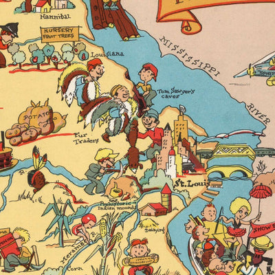 Pictorial Map of Missouri by Ruth Taylor White, 1935: St. Louis, Kansas City, Ozarks, Mississippi & Missouri Rivers, Jefferson City
