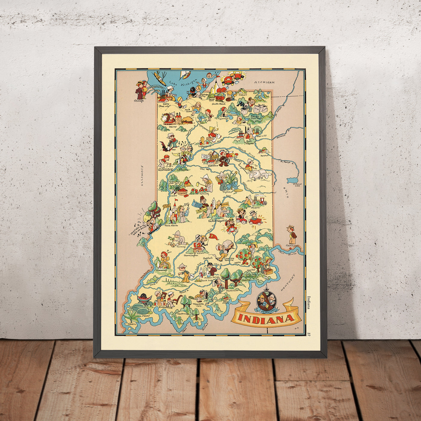 Pictorial Map of Indiana by Ruth Taylor White, 1935: Indianapolis, Fort Wayne, Evansville, Wabash River, Industry Icons